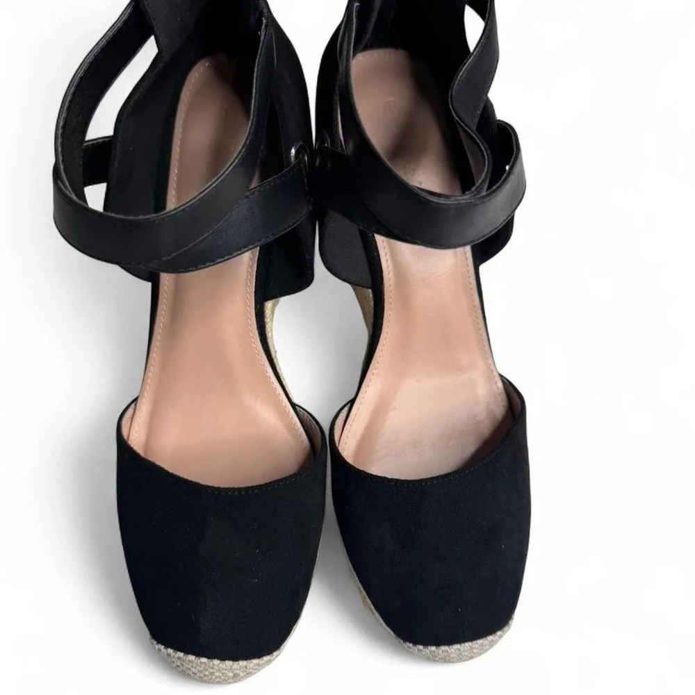 Black Suede Espadrille Wedge Sandals Boho Festival